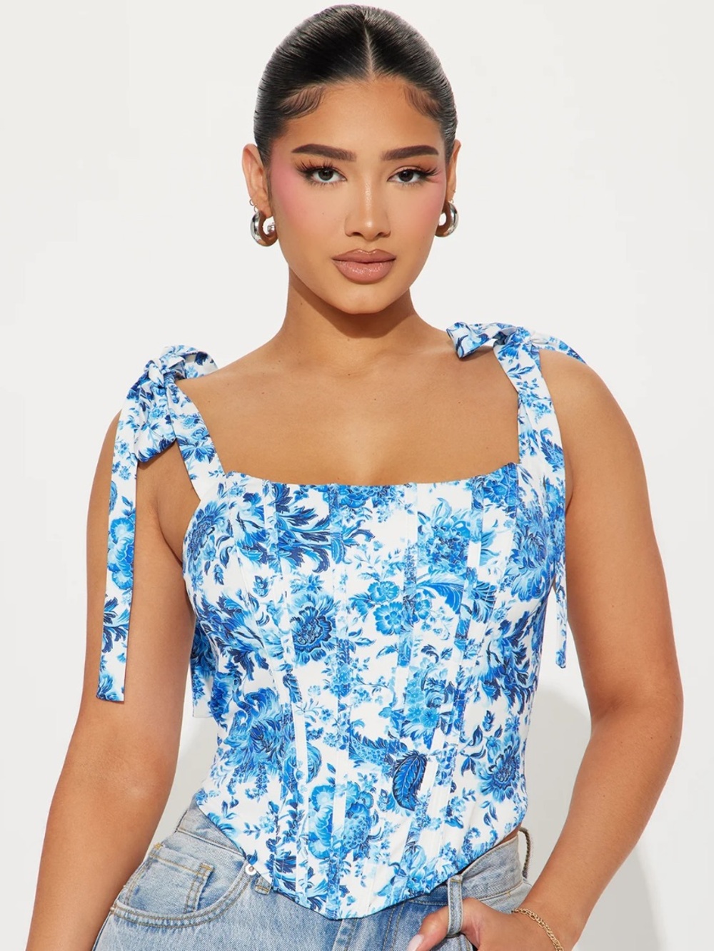 Fashion Nova White & Blue Floral Tie-Shoulder Corset Top